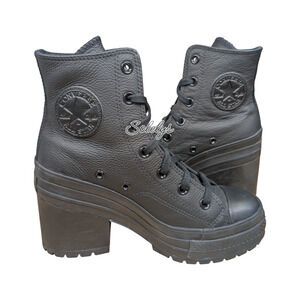 Converse Chuck 70 De Luxe Heel Leather Black Monochrome Sneaker Boot Womens 7